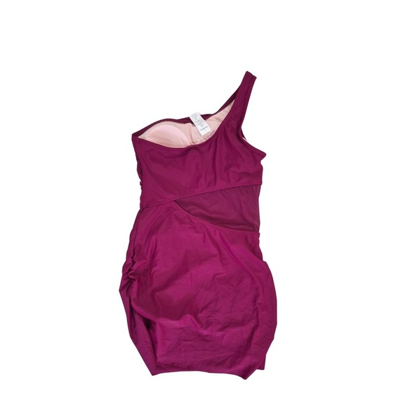 One Shoulder Swimsuit Mini Dress Mesh Panel Ruched Bodycon Burgundy - Picture 6 of 6